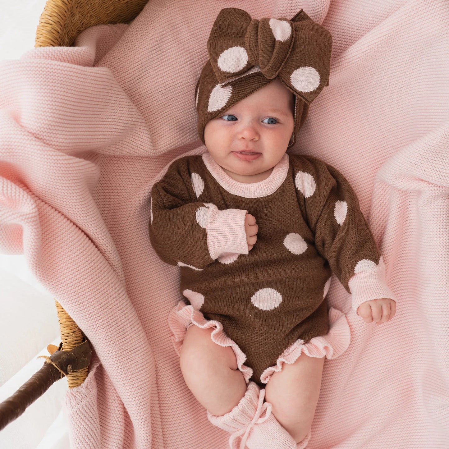 FRILL KNIT ROMPER | Choc Pink Polka