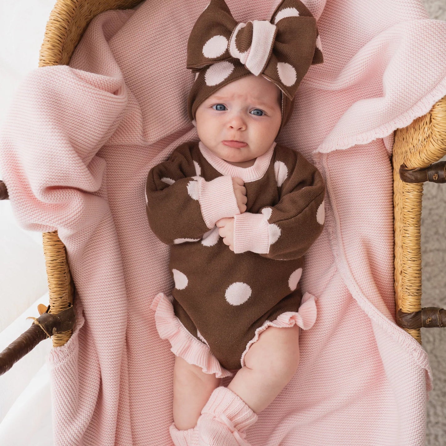 FRILL KNIT ROMPER | Choc Pink Polka