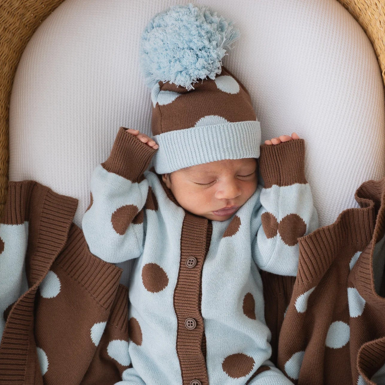 KNITTED POM BEANIE | Choc Blue Polka