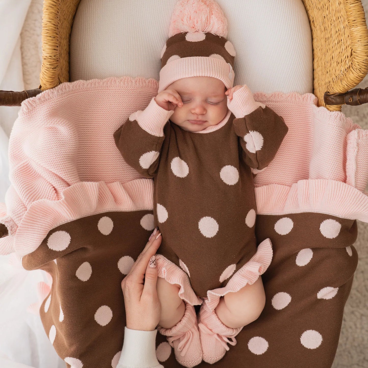 FRILL KNIT ROMPER | Choc Pink Polka