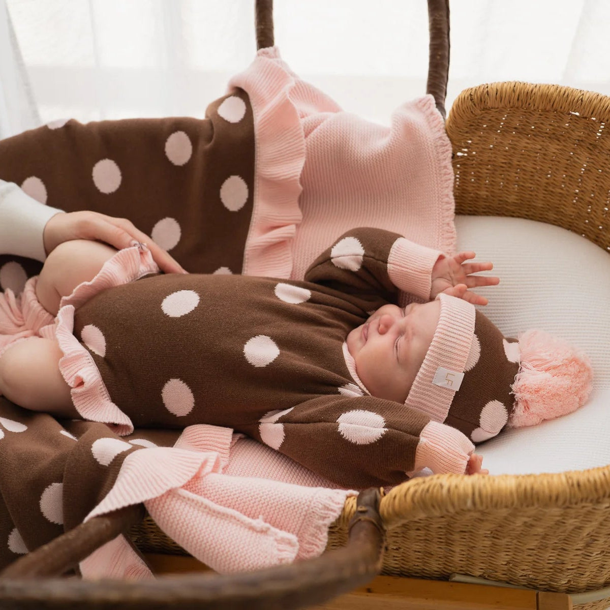 FRILL KNIT ROMPER | Choc Pink Polka