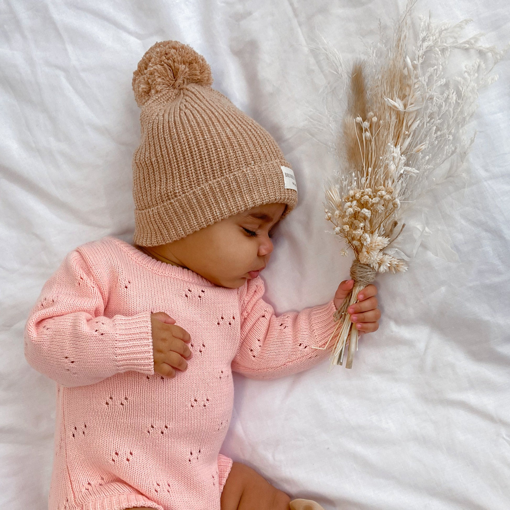 Baby girl, knit beanie, baby romper, knit pointelle romper