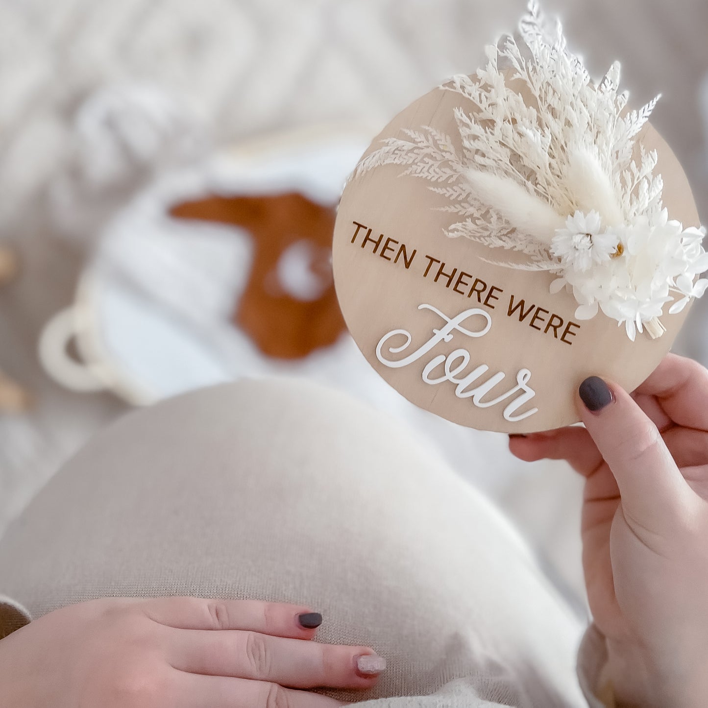 Pregnancy Announcement Plaque w/ dried flowers - Then there were four