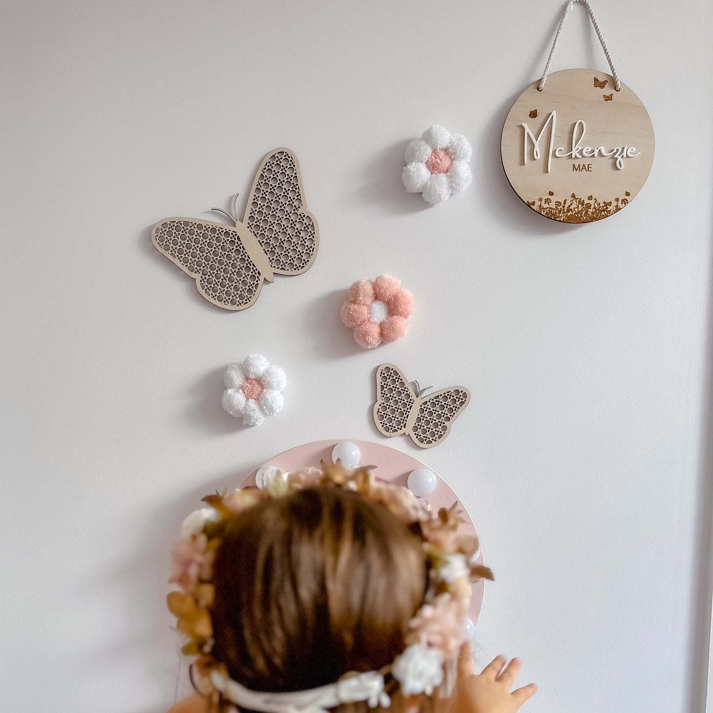 Hanging Wooden Name Plaque - Butterfly Feild Design