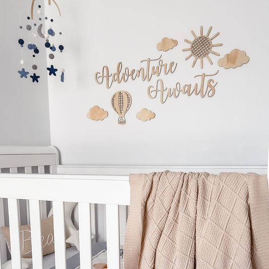 Wooden Rattan Look Wall Decors - Hot Air Balloon & Clouds