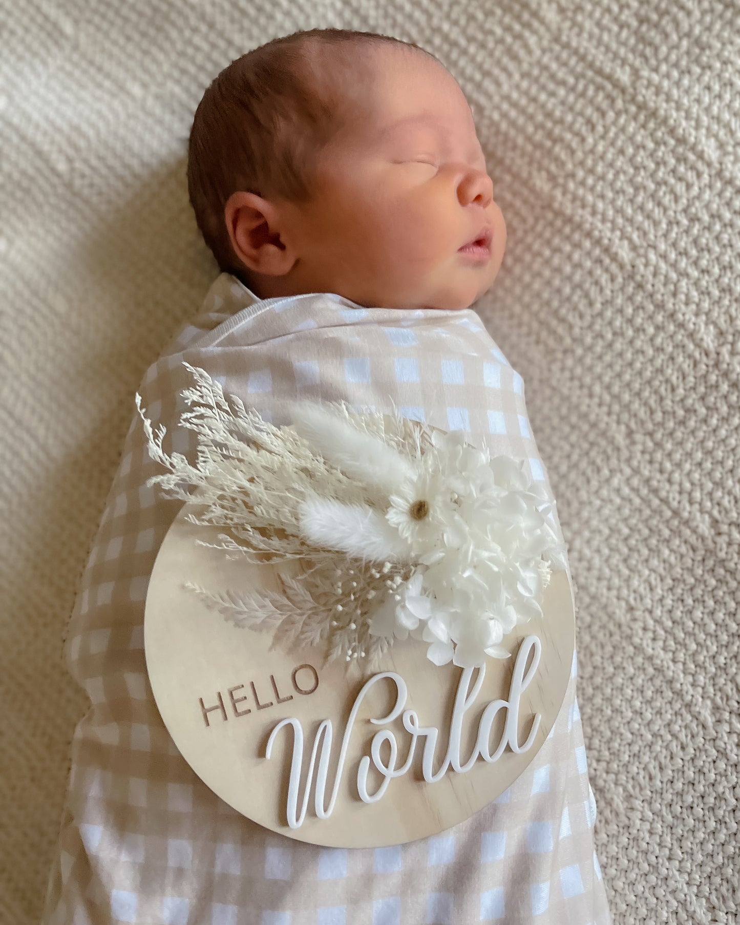 Hello World Announcement Plaque w/ dried flowers