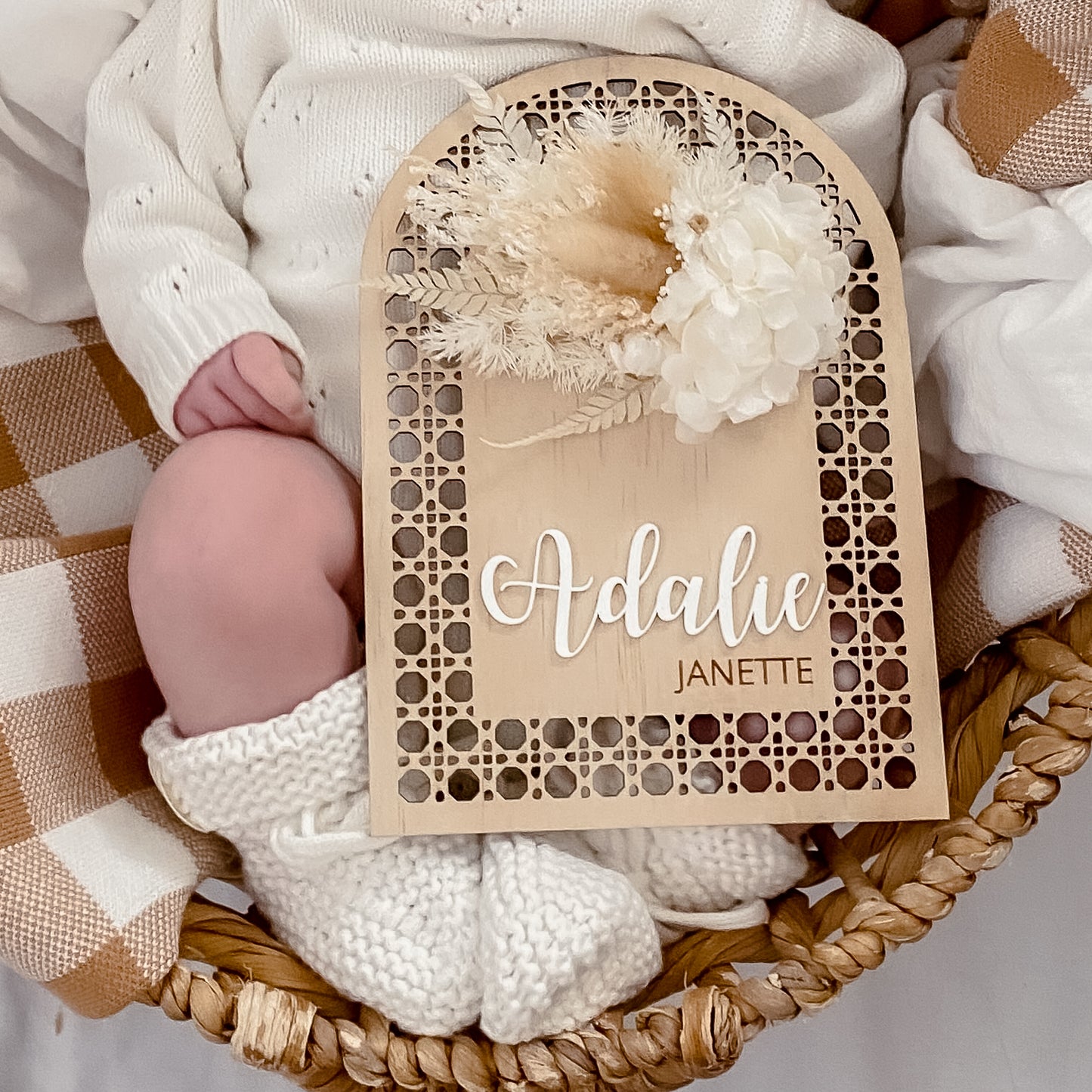 Wooden Rattan Look Name Sign w/ dried flowers (arch)