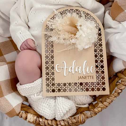 Wooden Rattan Look Name Sign w/ dried flowers (arch)