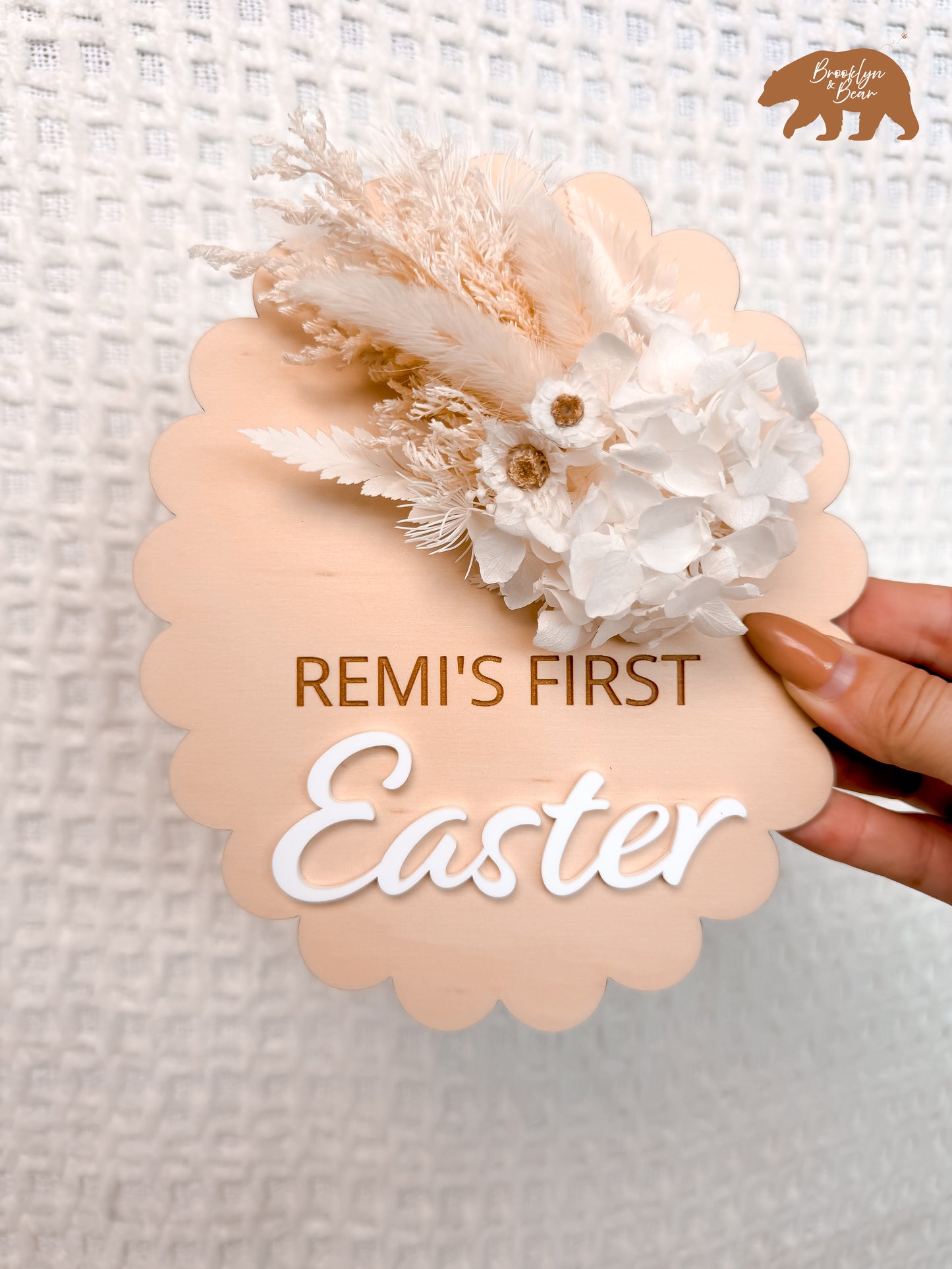 FIRST EASTER OVAL PLAQUE with Dried Flowers | Plywood & Acrylic | Personalised