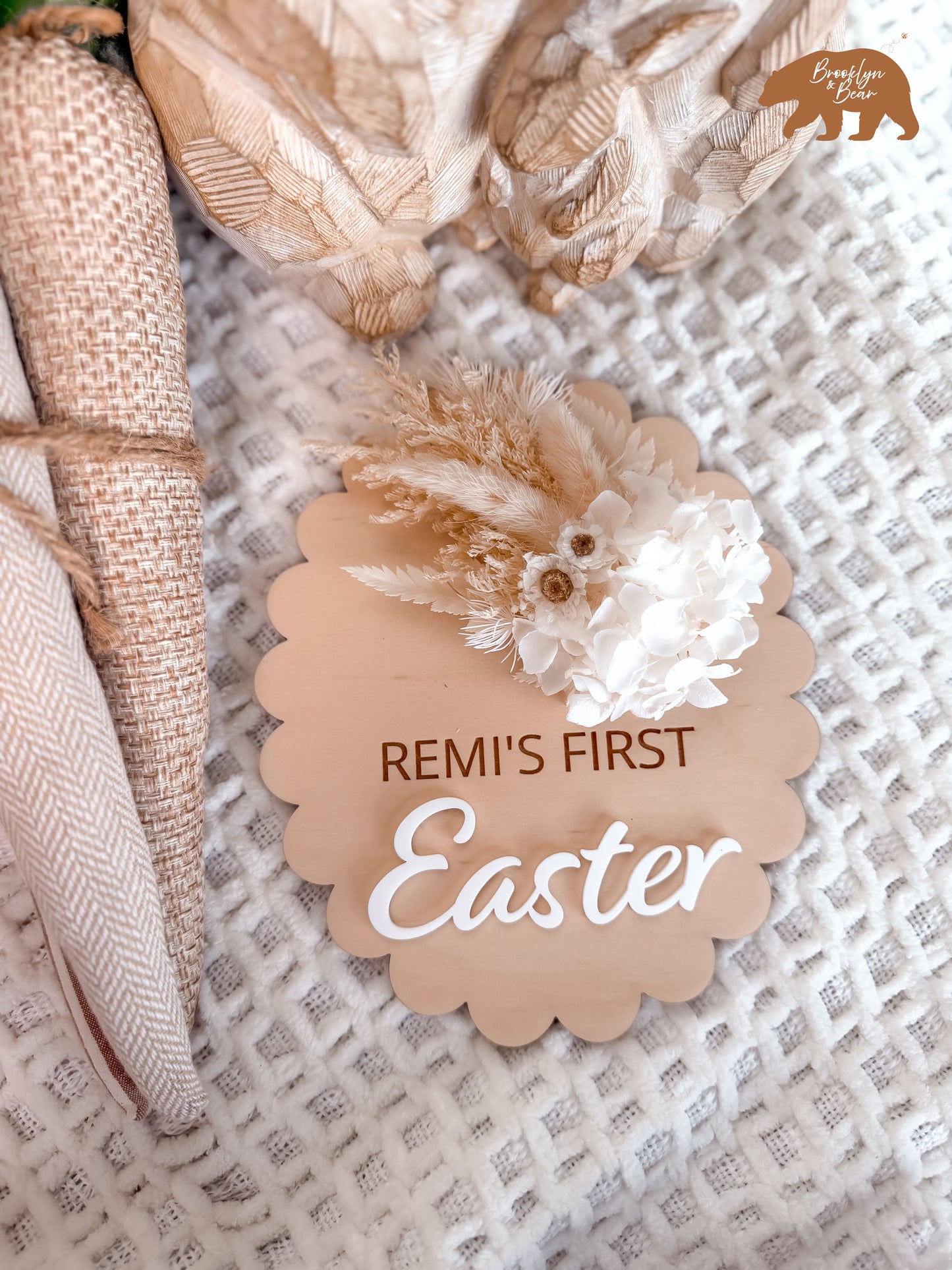 FIRST EASTER OVAL PLAQUE with Dried Flowers | Plywood & Acrylic | Personalised