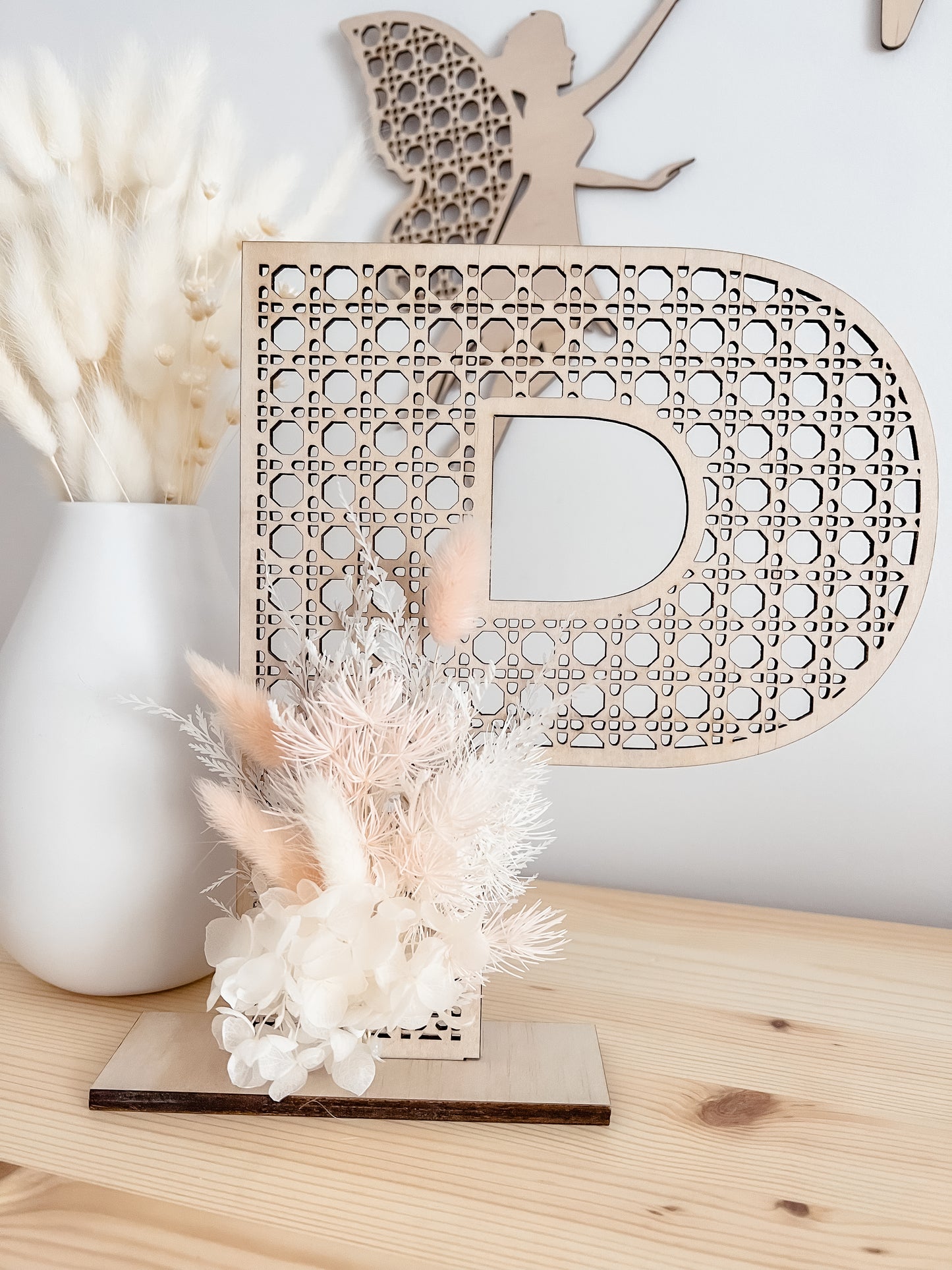 Wooden Rattan Look Letter with dried floral arrangement