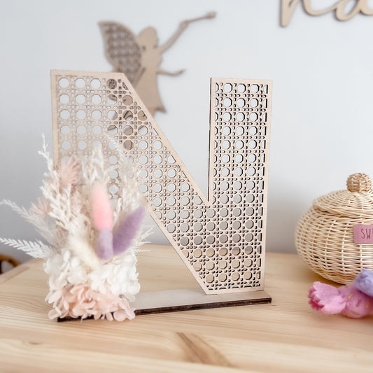 Wooden Rattan Look Letter with dried floral arrangement