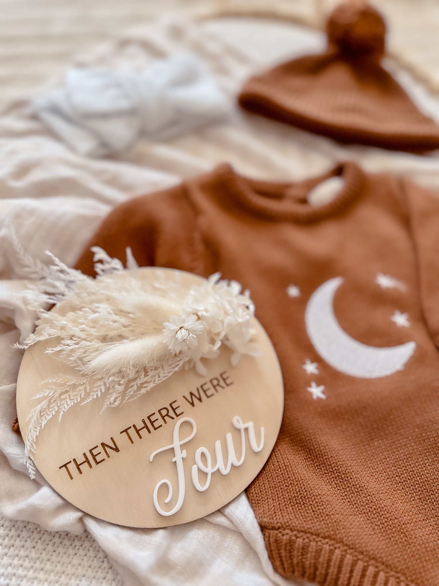 Pregnancy Announcement Plaque w/ dried flowers - Then there were four