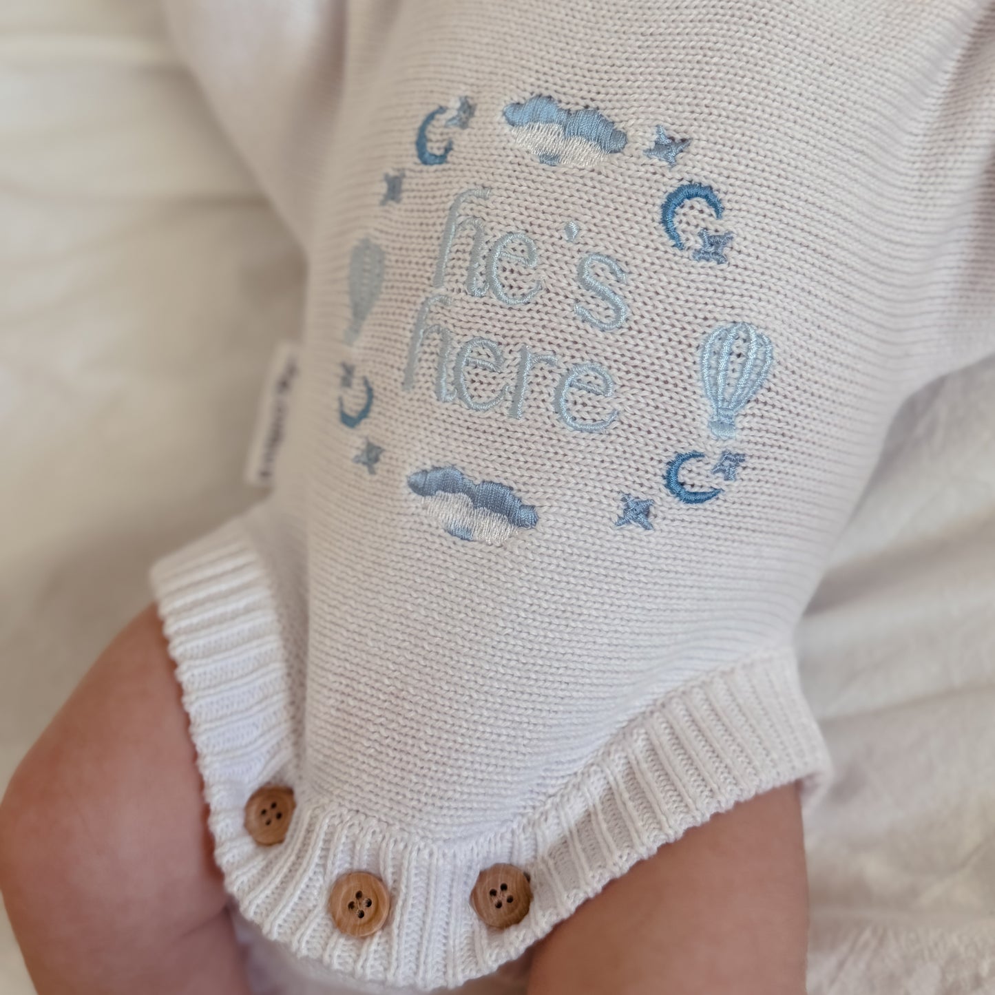 He’s Here Announcement Romper - Cloud/Coconut