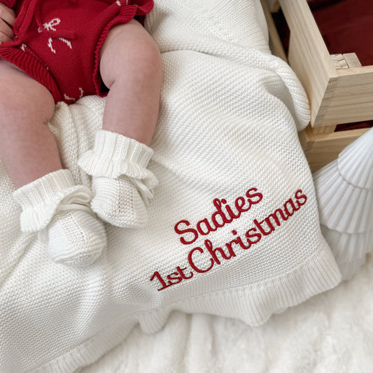 Frill Knit Blanket | Milk | First Christmas Embroidery