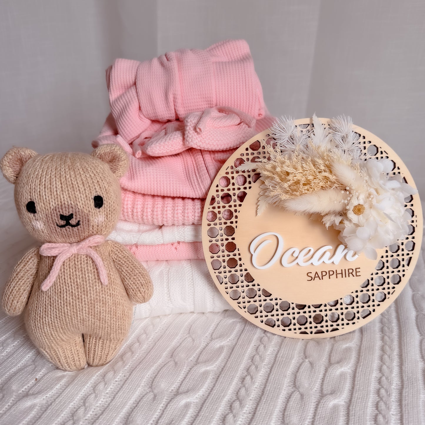 Wooden Rattan Look Name/Announcement Plaque w/ mini Posy