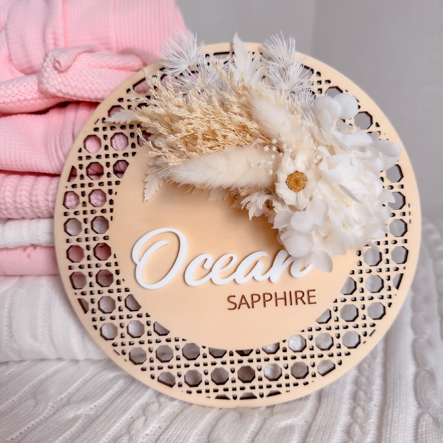 Wooden Rattan Look Name/Announcement Plaque w/ mini Posy