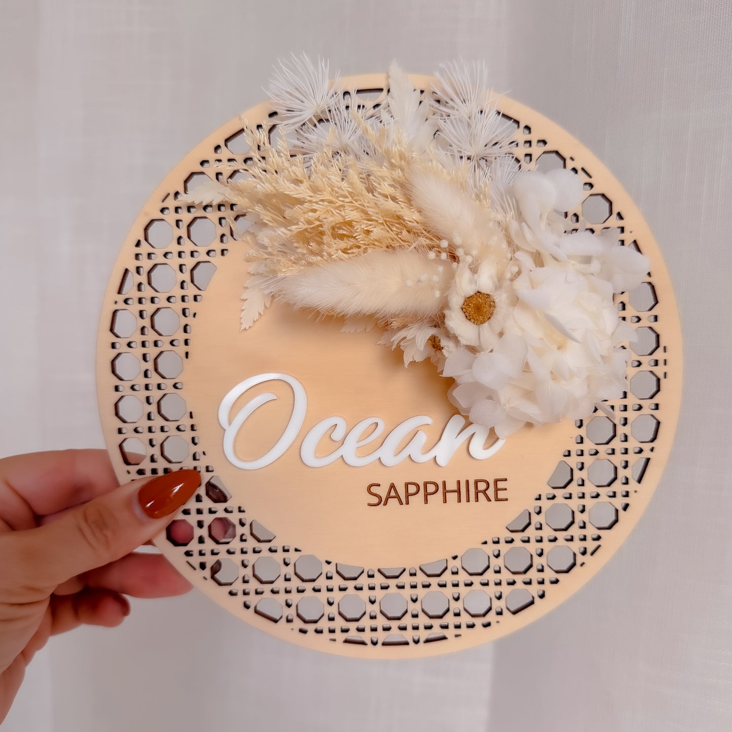 Wooden Rattan Look Name/Announcement Plaque w/ mini Posy