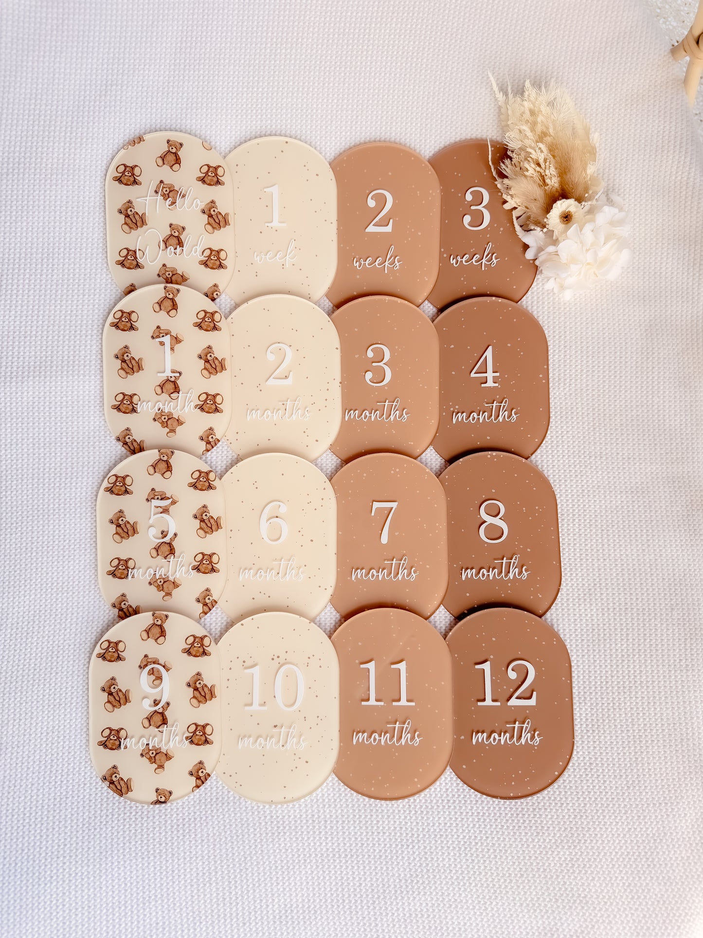 SPECKLED BEAR THEMED MILESTONE SET OVAL | UV Printed Acrylic