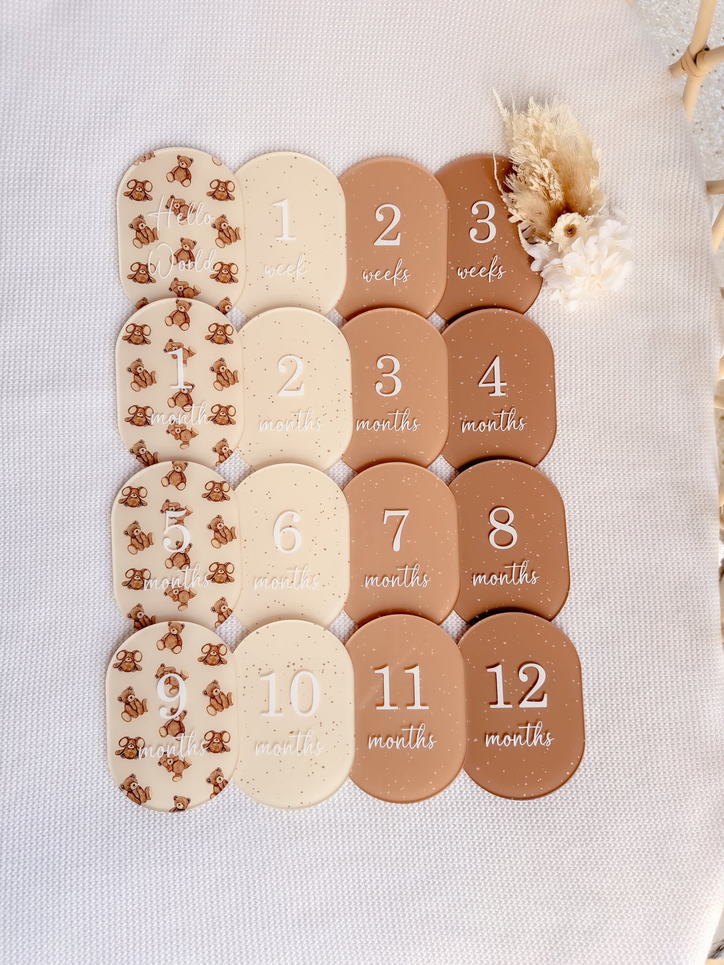 SPECKLED BEAR THEMED MILESTONE SET OVAL | UV Printed Acrylic