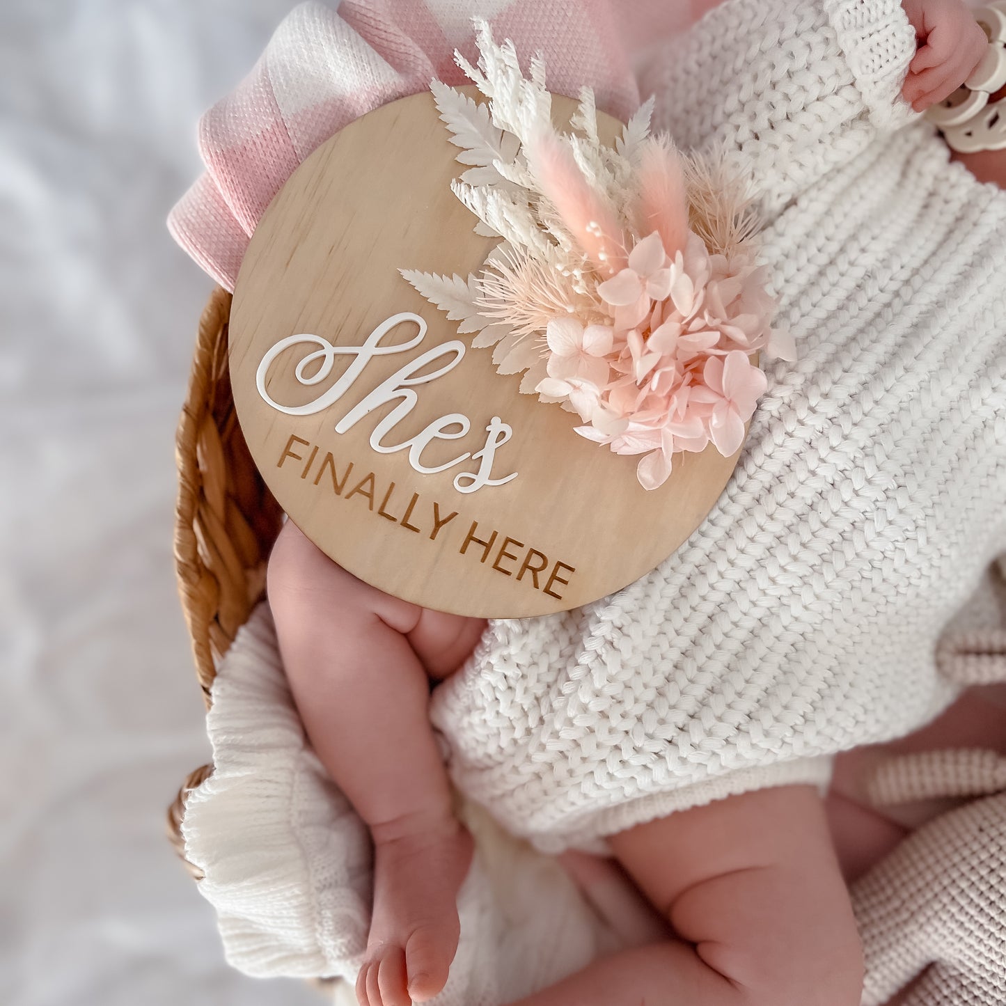 She/He/They're finally here - Birth Announcement Plaque w/ dried flowers