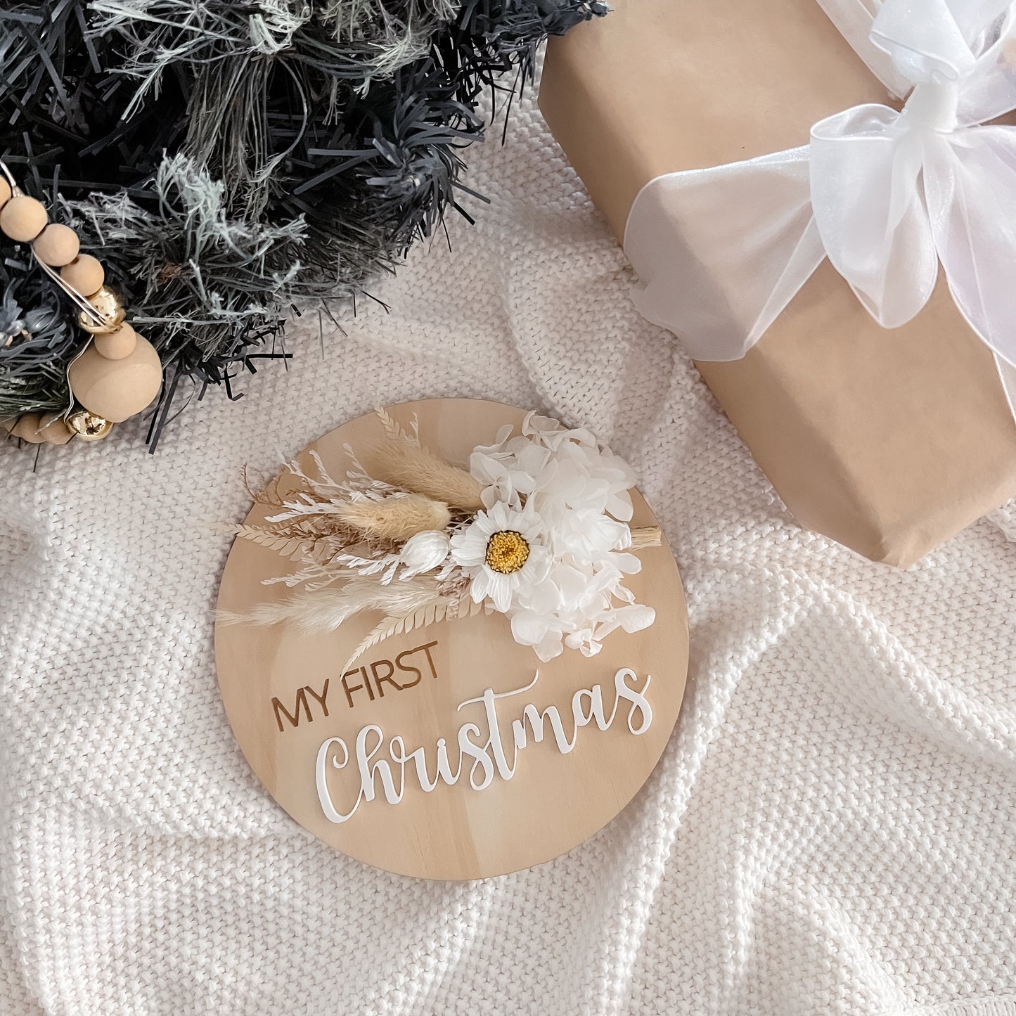 Wooden Christmas Plaque w/ dried florals