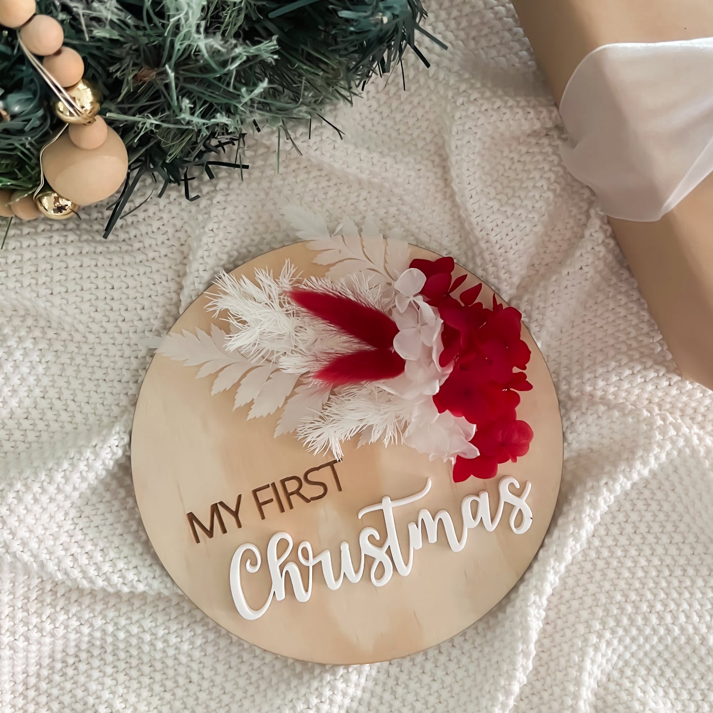 Wooden Christmas Plaque w/ dried florals