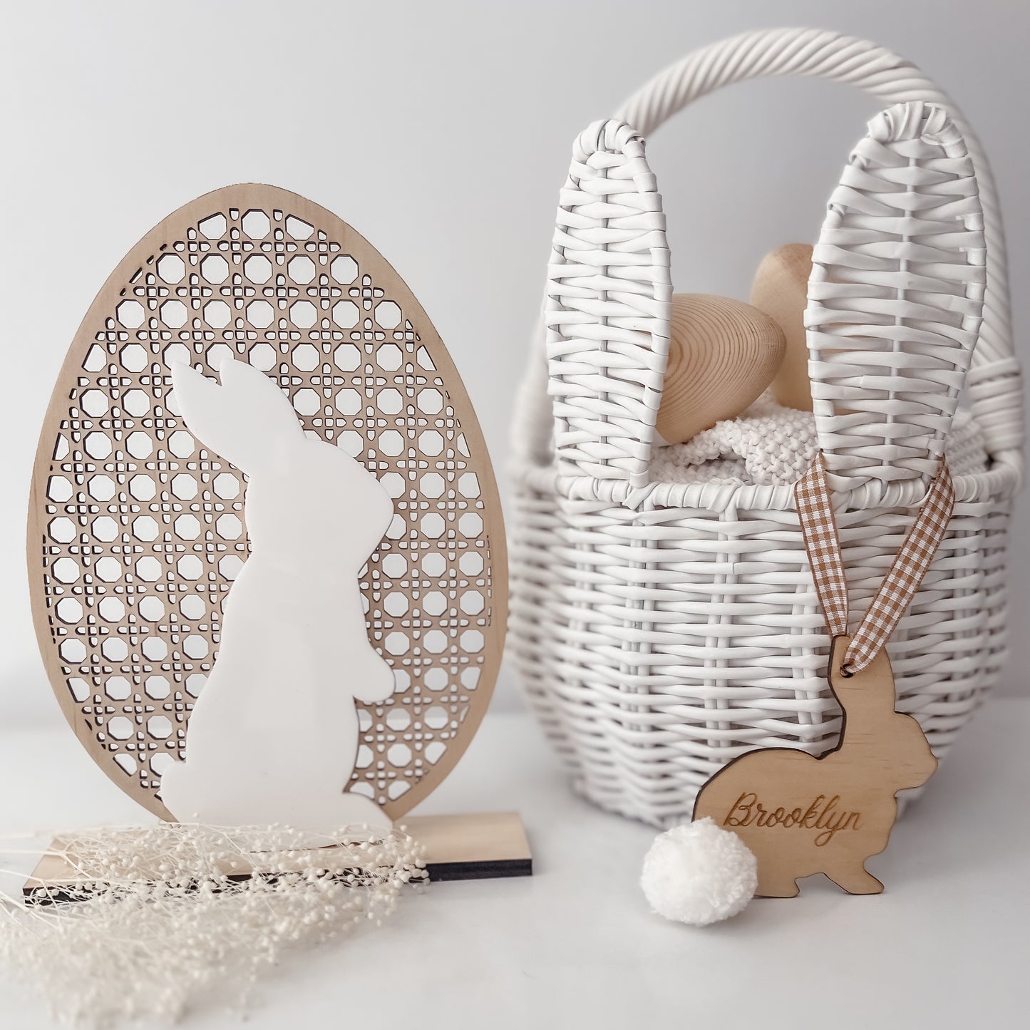 Easter Bunny Rattan decor egg w/ stand