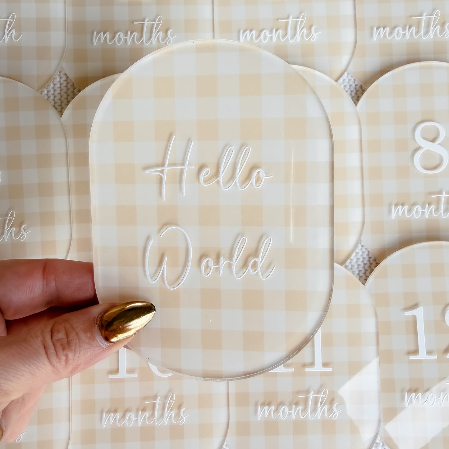 BEIGE GINGHAM MILESTONE SET OVAL | UV Printed Acrylic