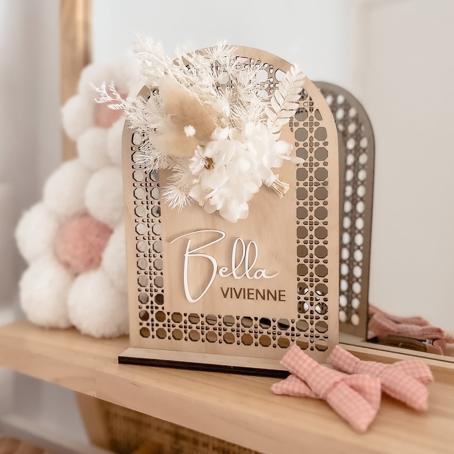 Wooden Rattan Look Name Sign w/ dried flowers (stand Included)
