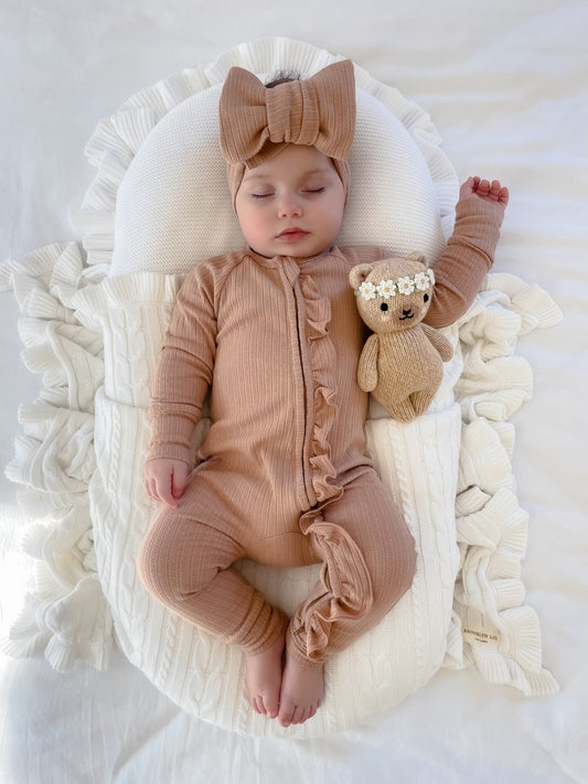 Frill Zip Romper - Teddy Colour Rib Pointelle