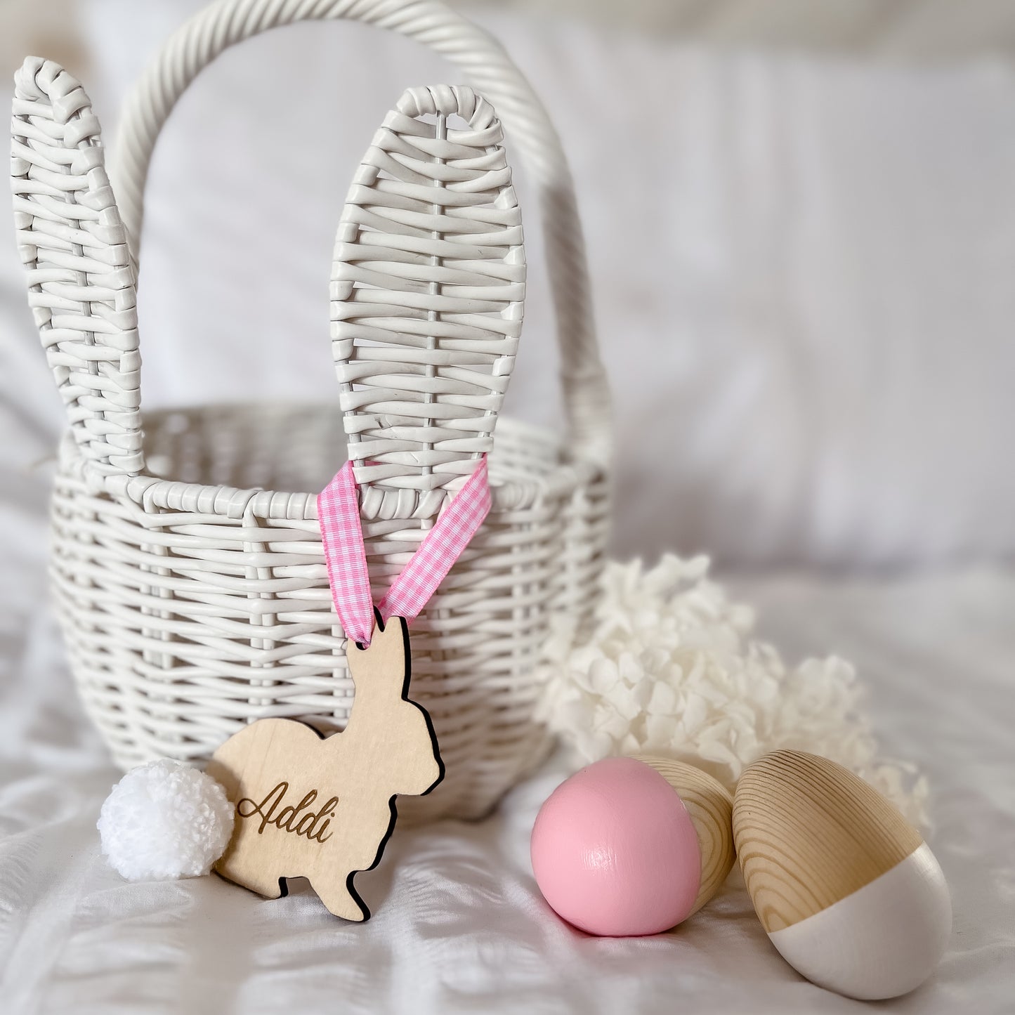 Wooden Easter Bunny Name Tag - Pompom Tail