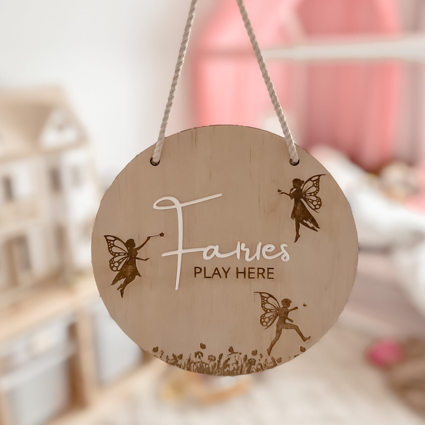 Wooden Hanging Playroom Sign - Fairies Play Here