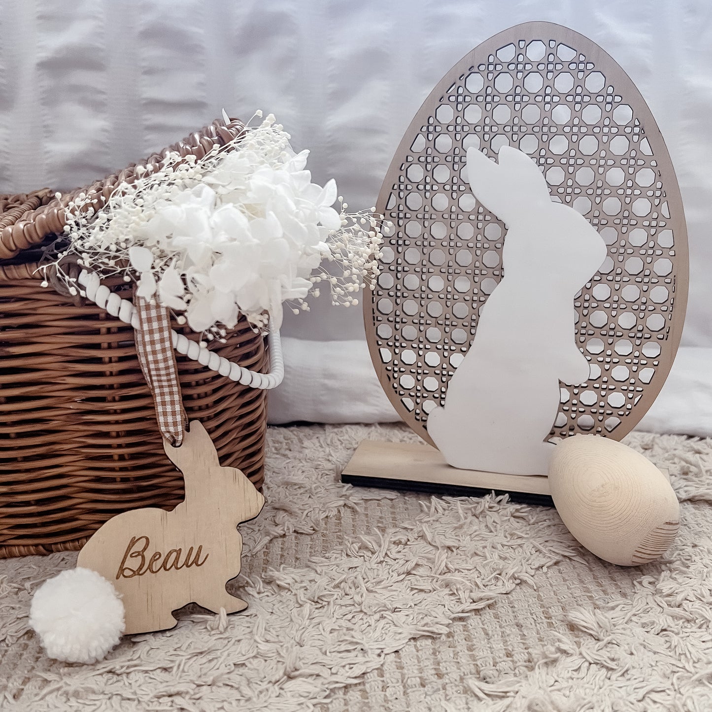 Easter Bunny Rattan decor egg w/ stand