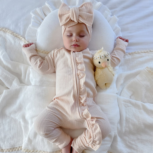 Frill Zip Romper - Cream Ribbed Pointelle