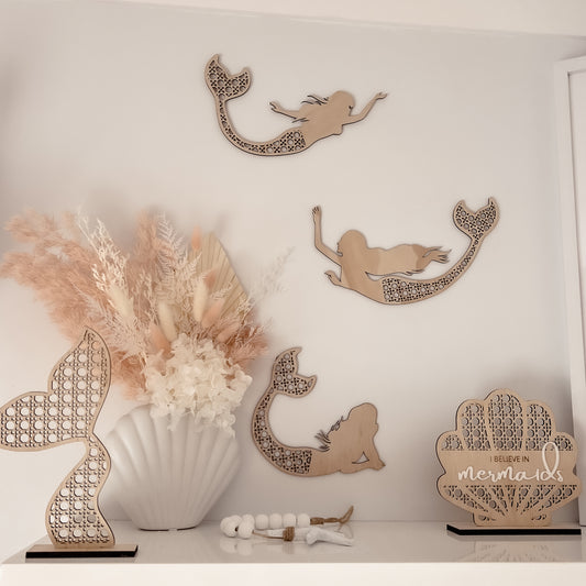 Wooden Rattan Look Wall Decor - Mermaids