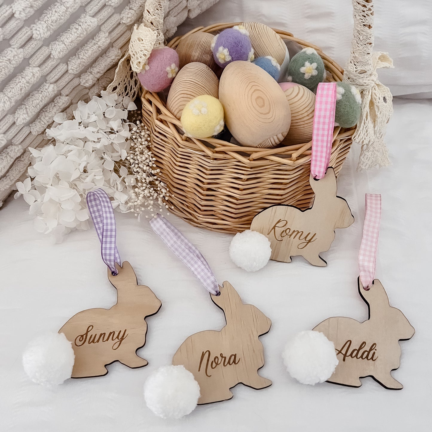 Wooden Easter Bunny Name Tag - Pompom Tail