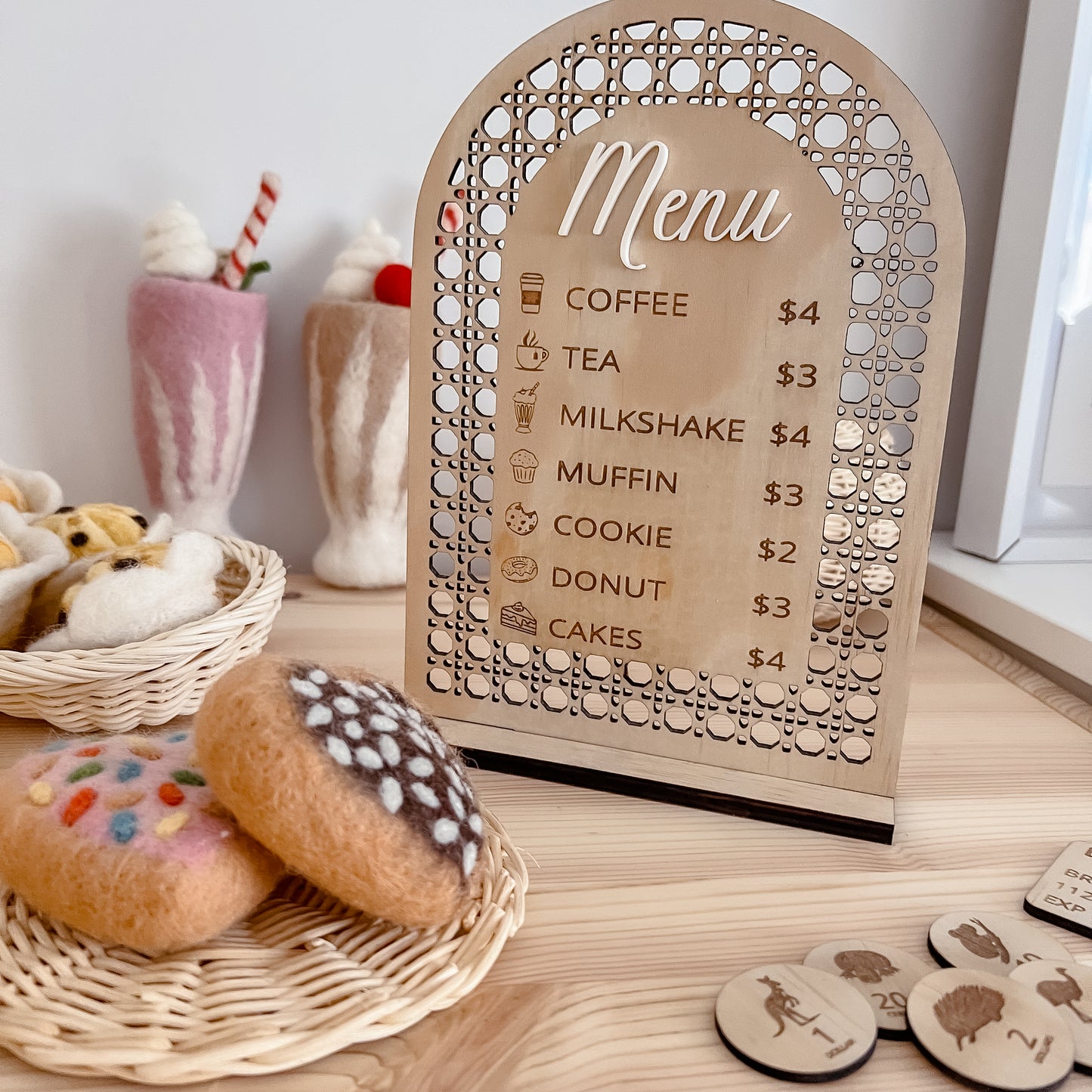 Wooden Rattan Look Play Cafe Menu w/ stand