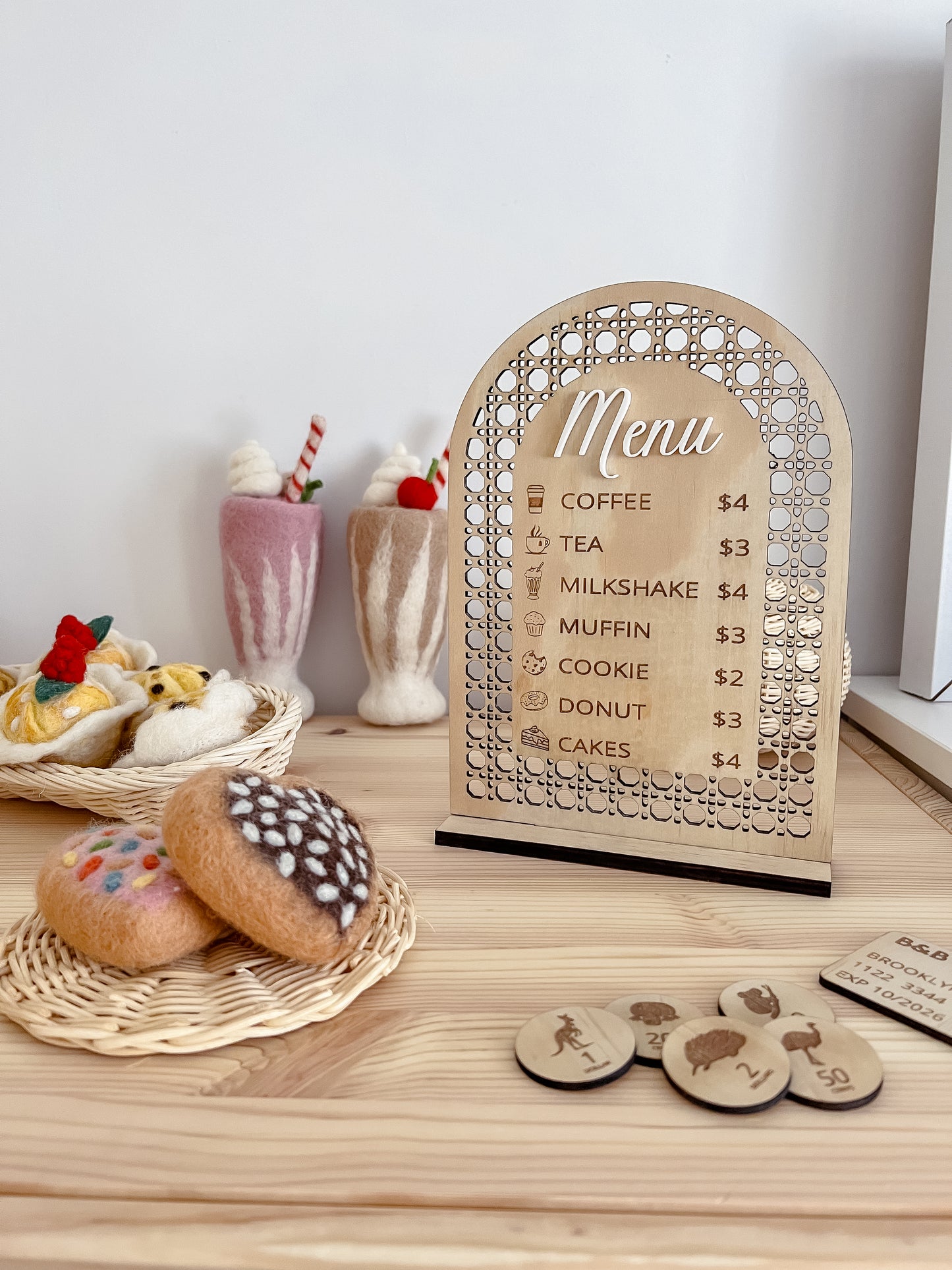 Wooden Rattan Look Play Cafe Menu w/ stand