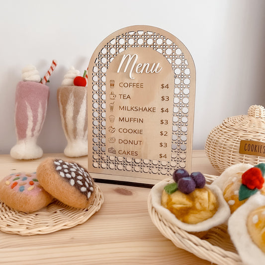 wooden play cafe menu on stand, rattan look arch