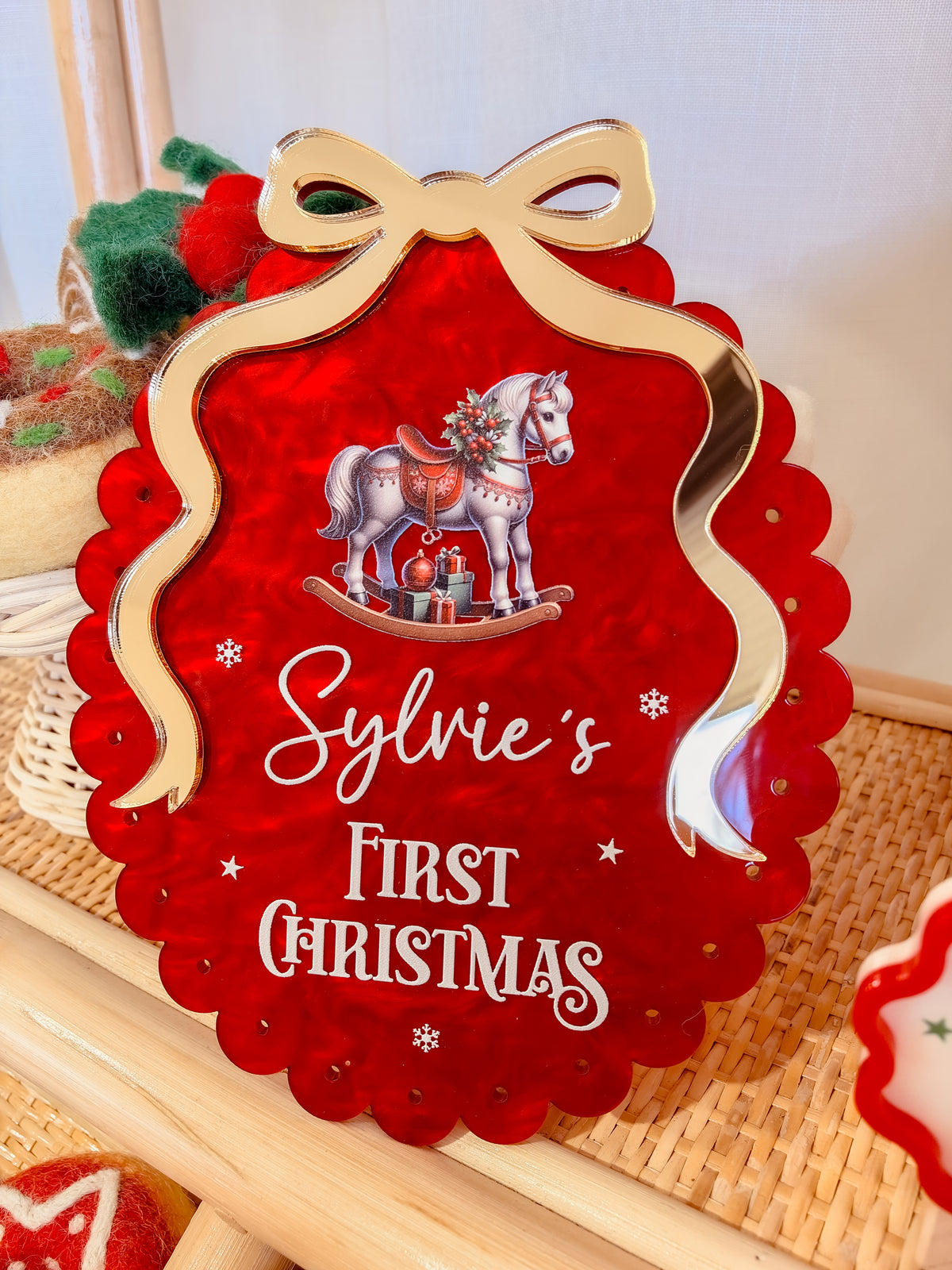 FIRST CHRISTMAS PLAQUE | Personalised | Scalloped Oval with Bow