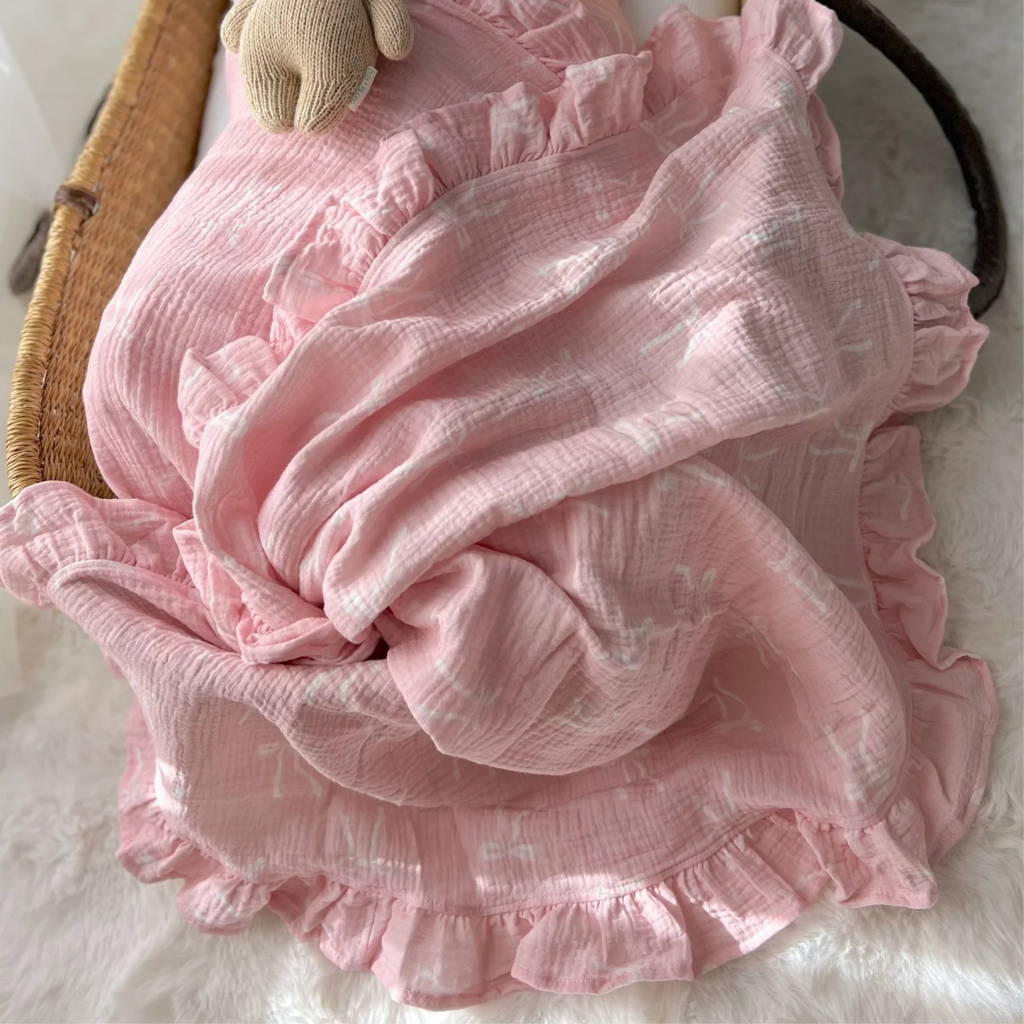 Muslin Organic Frill Blanket - White Bows