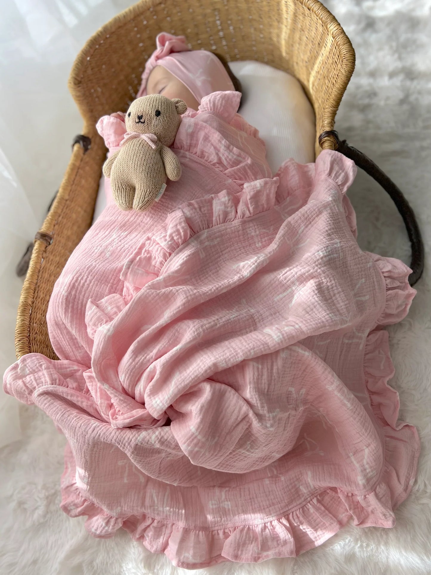 Muslin Organic Frill Blanket - White Bows