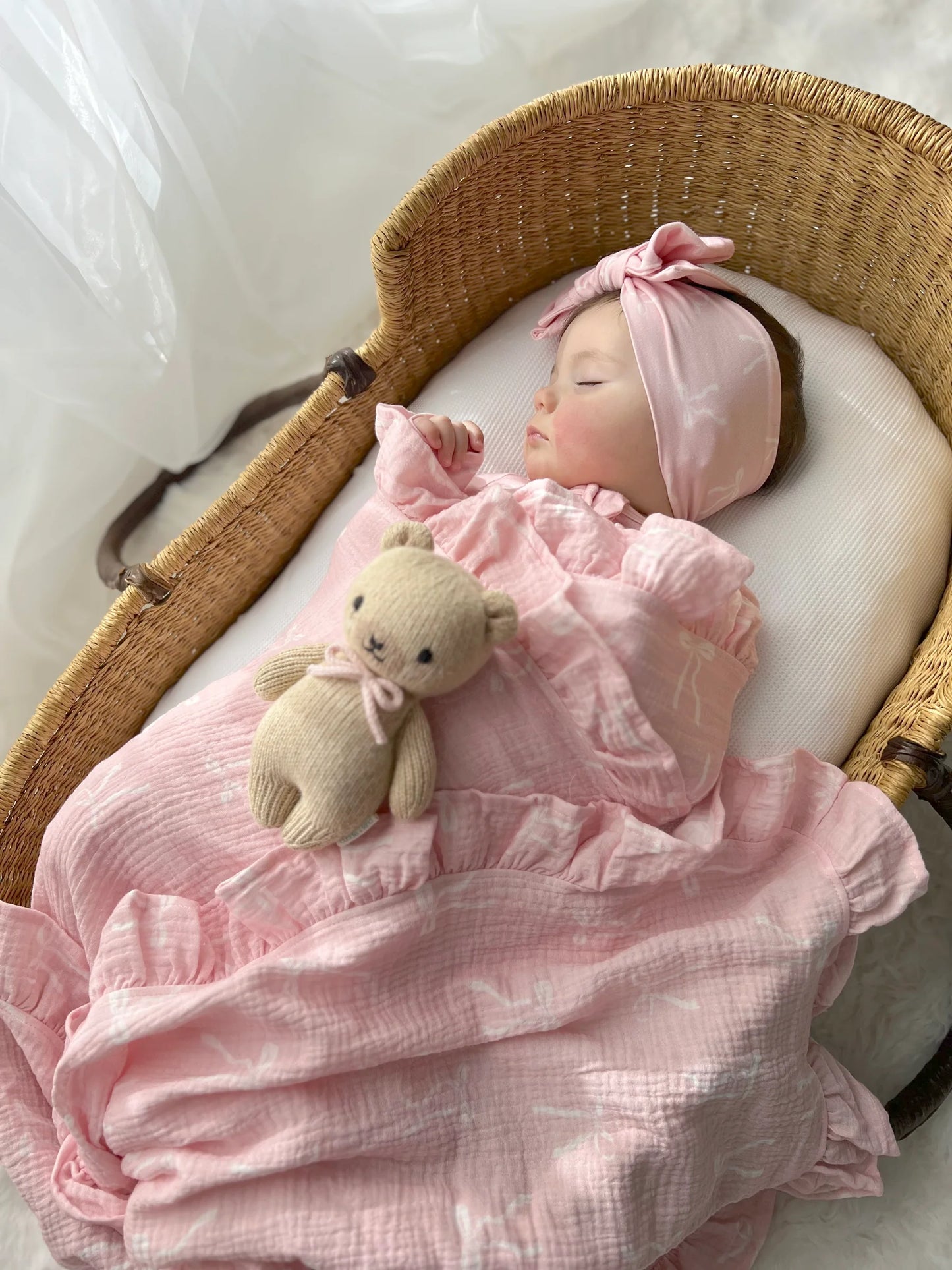 Muslin Organic Frill Blanket - White Bows