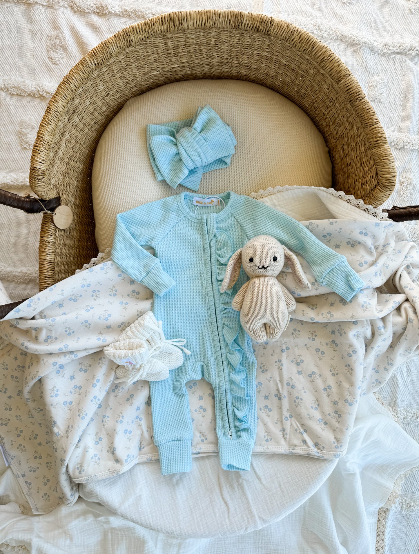 Frill Zip Romper - Baby Blue Waffle
