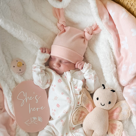 Double Knot Beanie - Baby Pink Ribbed