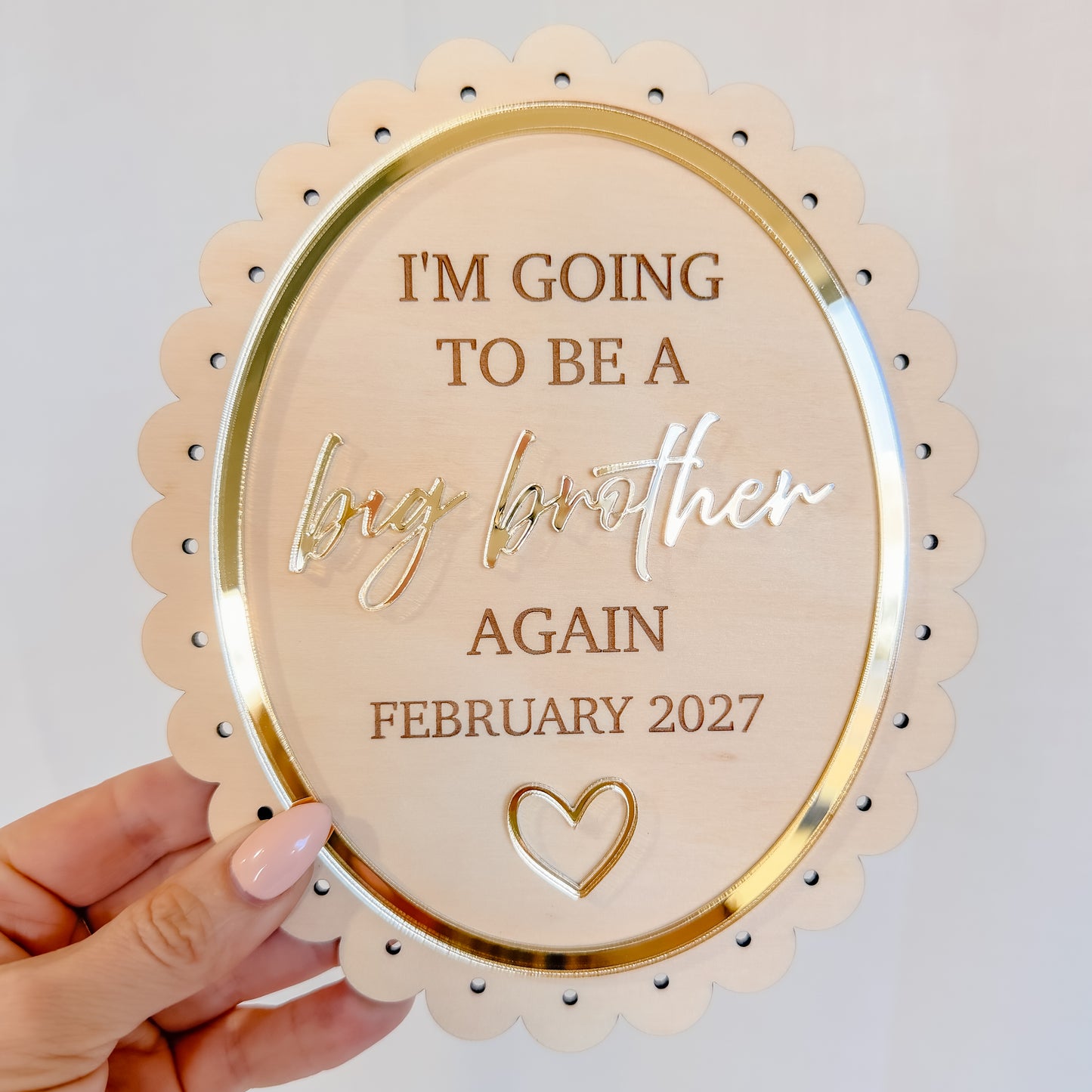 WOODEN PREGNANCY ANNOUNCEMENT PLAQUE | Big Brother/Sister & Due Month | Plywood & Acrylic Scalloped Oval
