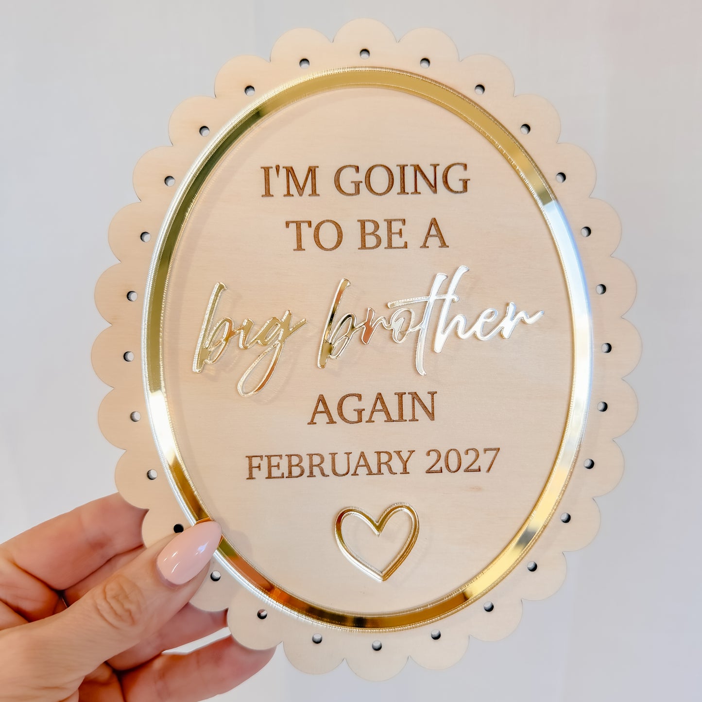 WOODEN PREGNANCY ANNOUNCEMENT PLAQUE | Big Brother/Sister & Due Month | Plywood & Acrylic Scalloped Oval