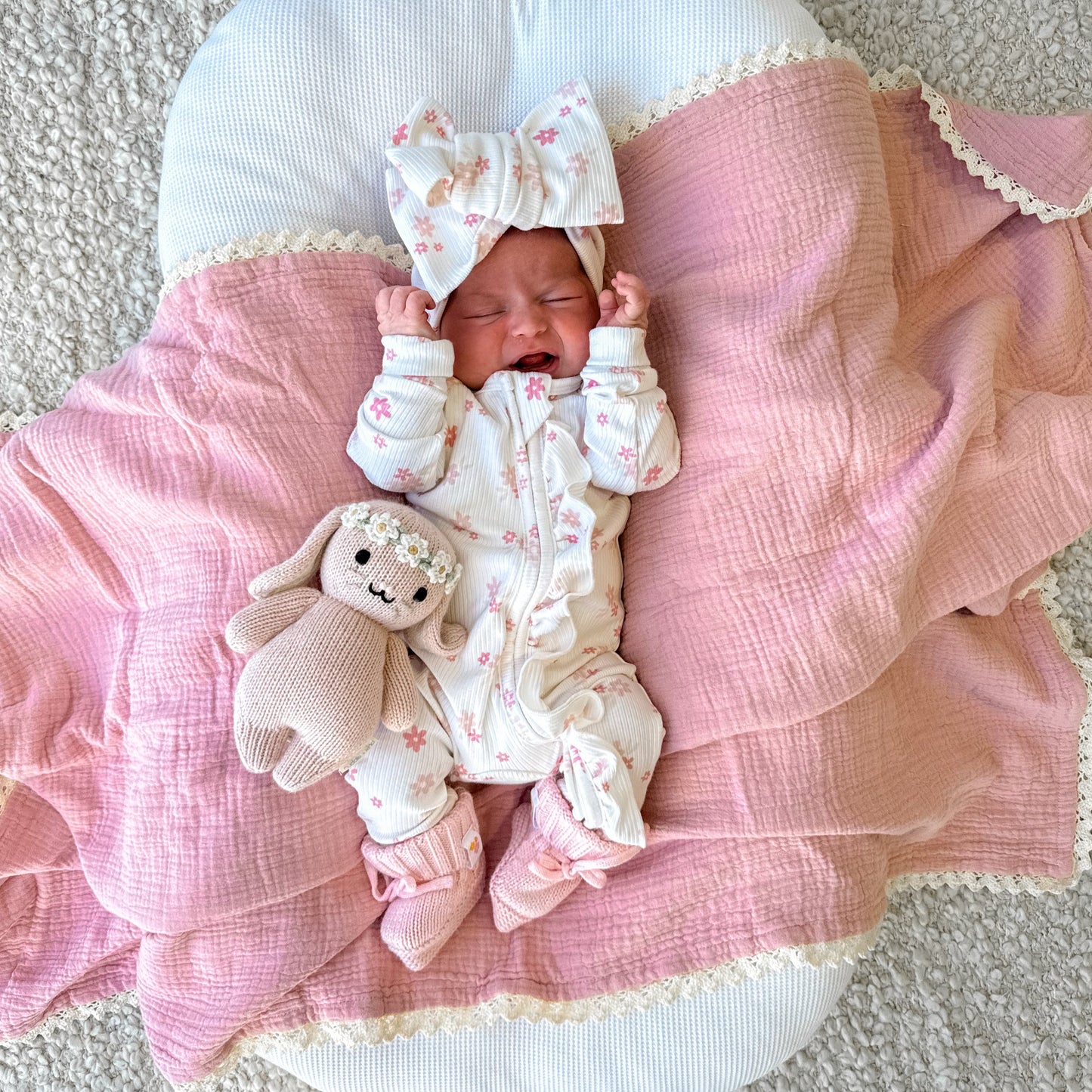 Frill Zip Romper - Daisy Peony Ribbed