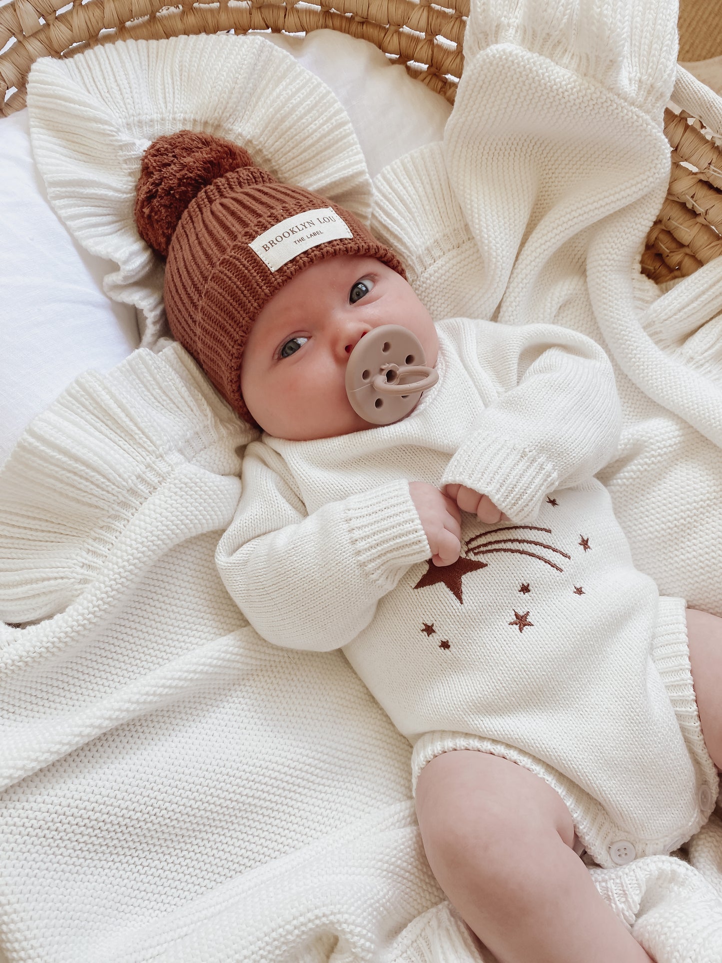 newborn white knit romper, shooting star embroidery, baby girl, cocoa knit beanie, autumn winter babywear